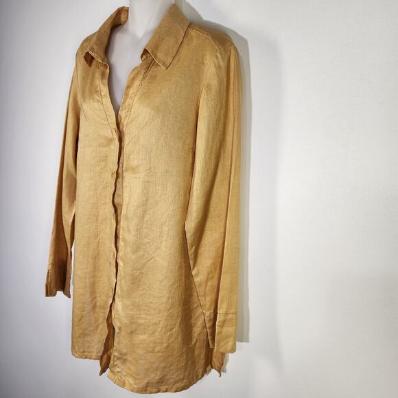 Rafaella Woman Tunic Top Size 10 Linen Shirt Yellow Button Up Long Sleeve Eyelet - Picture 5 of 10